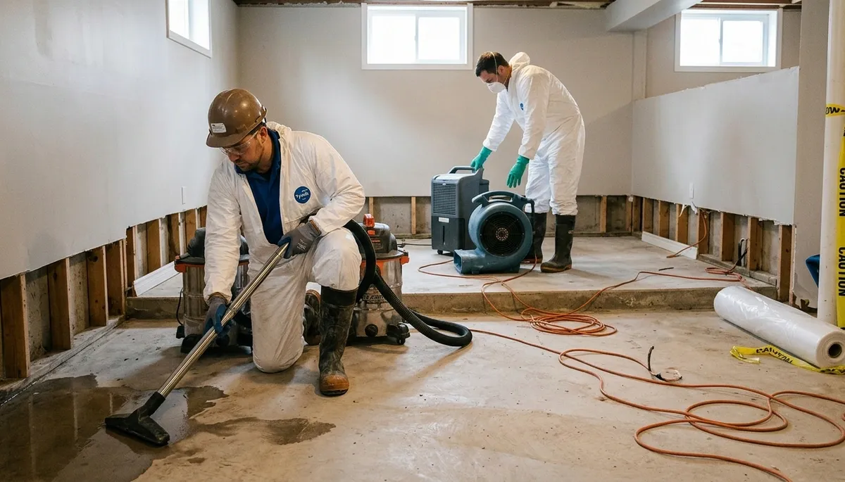 Tyler, TX water-damage team cleaning basement flood water and moisture in a home