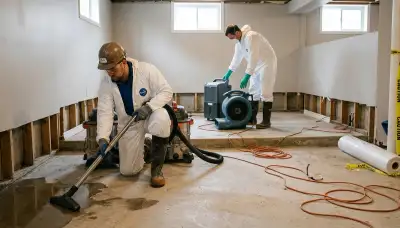 Tyler, TX water-damage team cleaning basement flood water and moisture in a home