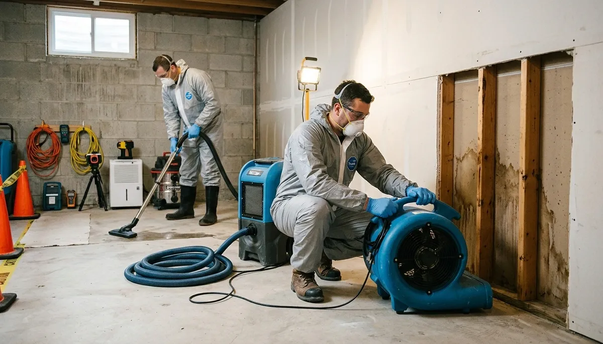 Tyler, TX water damage crew removing basement flood water and drying wet floors