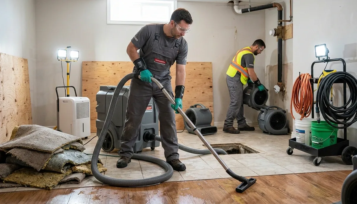 Tyler, TX technician cleaning up burst pipe water damage in a home