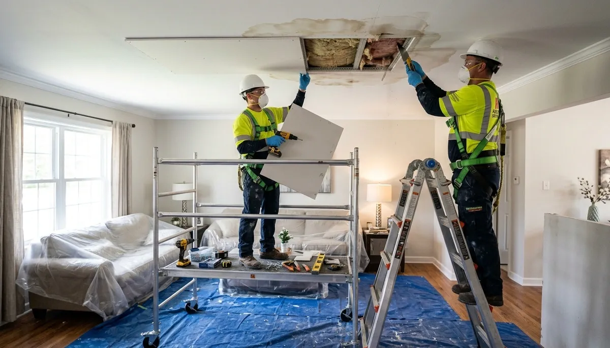 Ceiling water damage repair in Tyler, TX for stained, sagging drywall and moisture cleanup