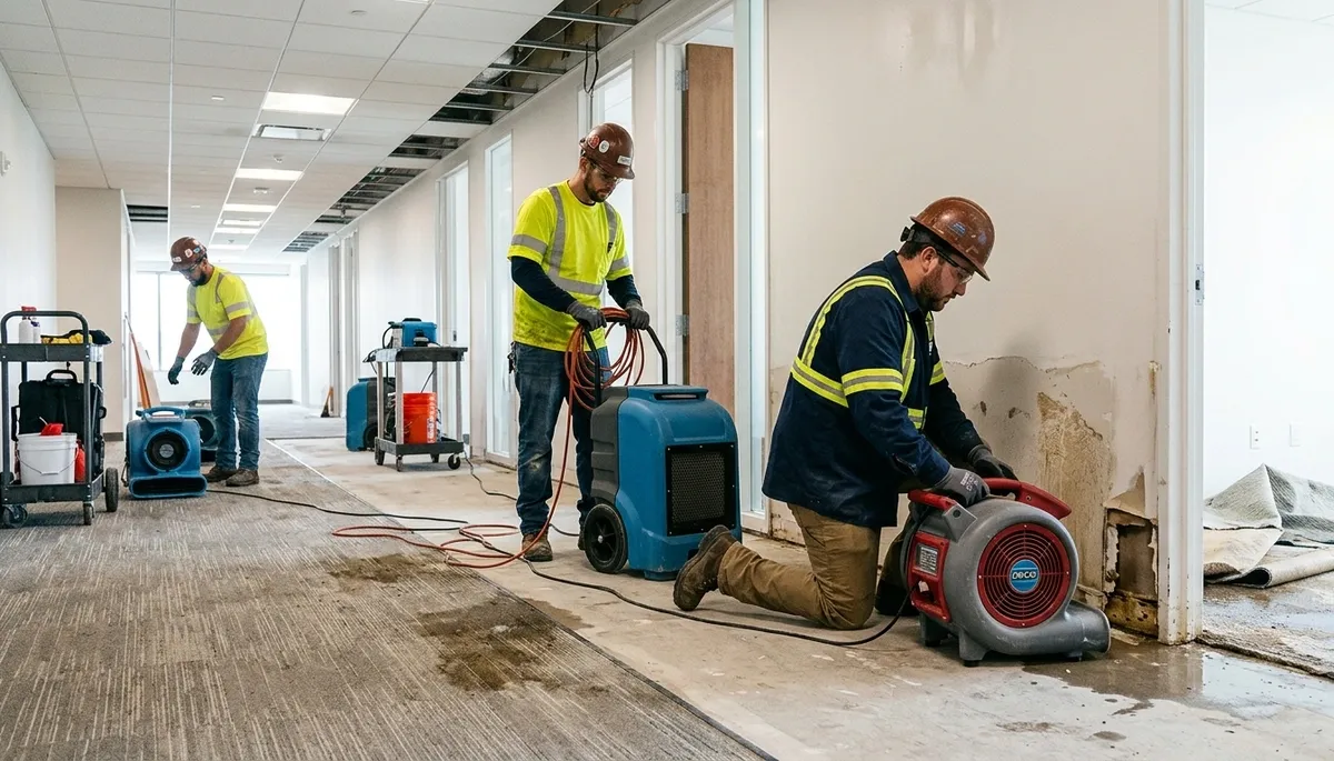 Commercial water damage restoration team in Tyler, TX removing floodwater from a business property