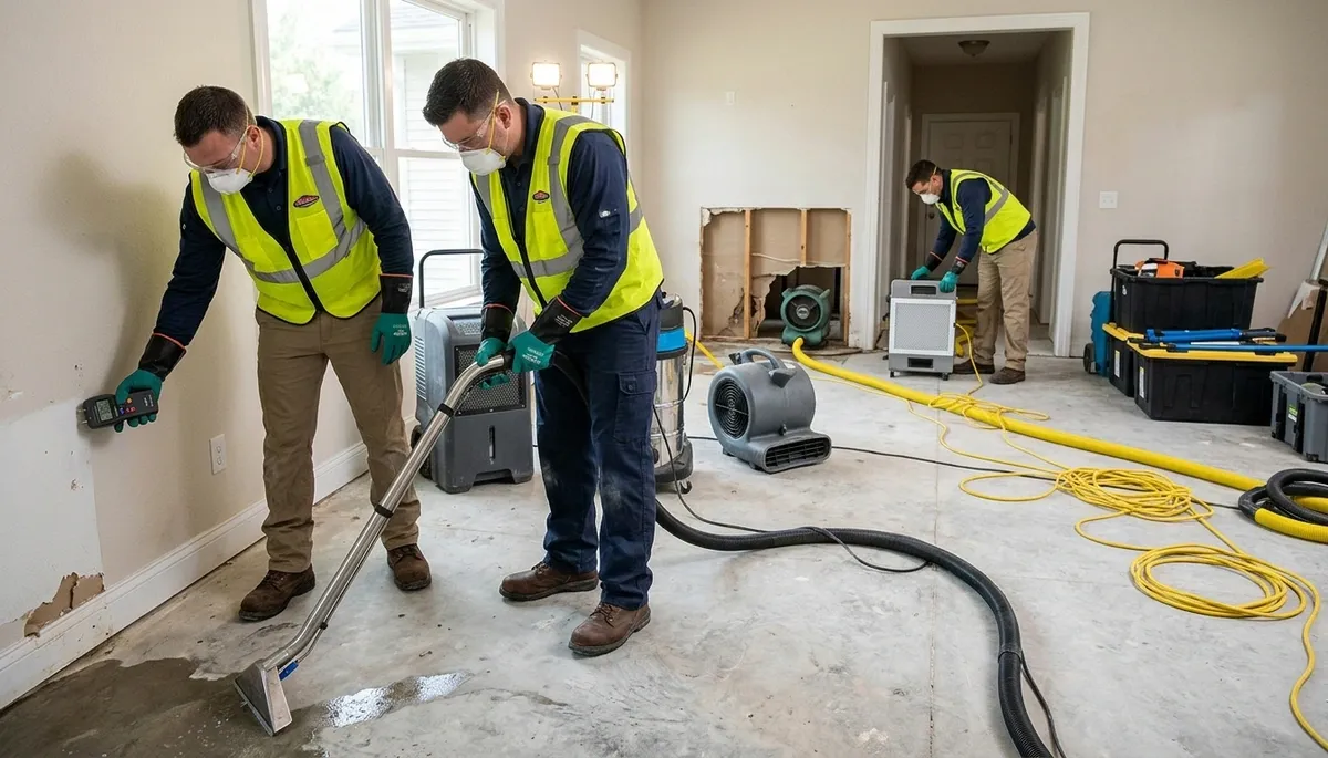 Tyler, TX water damage crew removing standing water from a flooded home during cleanup