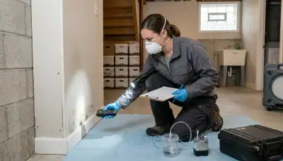 Mold inspection technician checking moisture in a Tyler, TX home after water damage