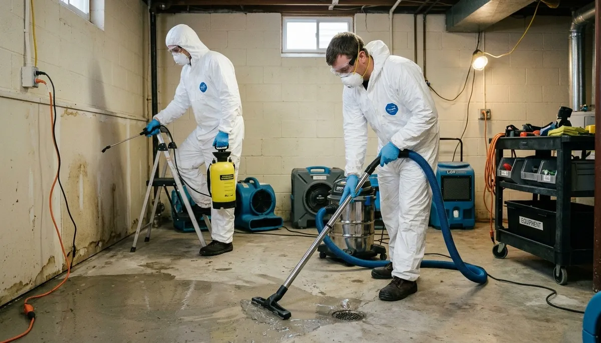 Sewer backup cleanup technicians restoring a Tyler, TX home after sewage and water damage