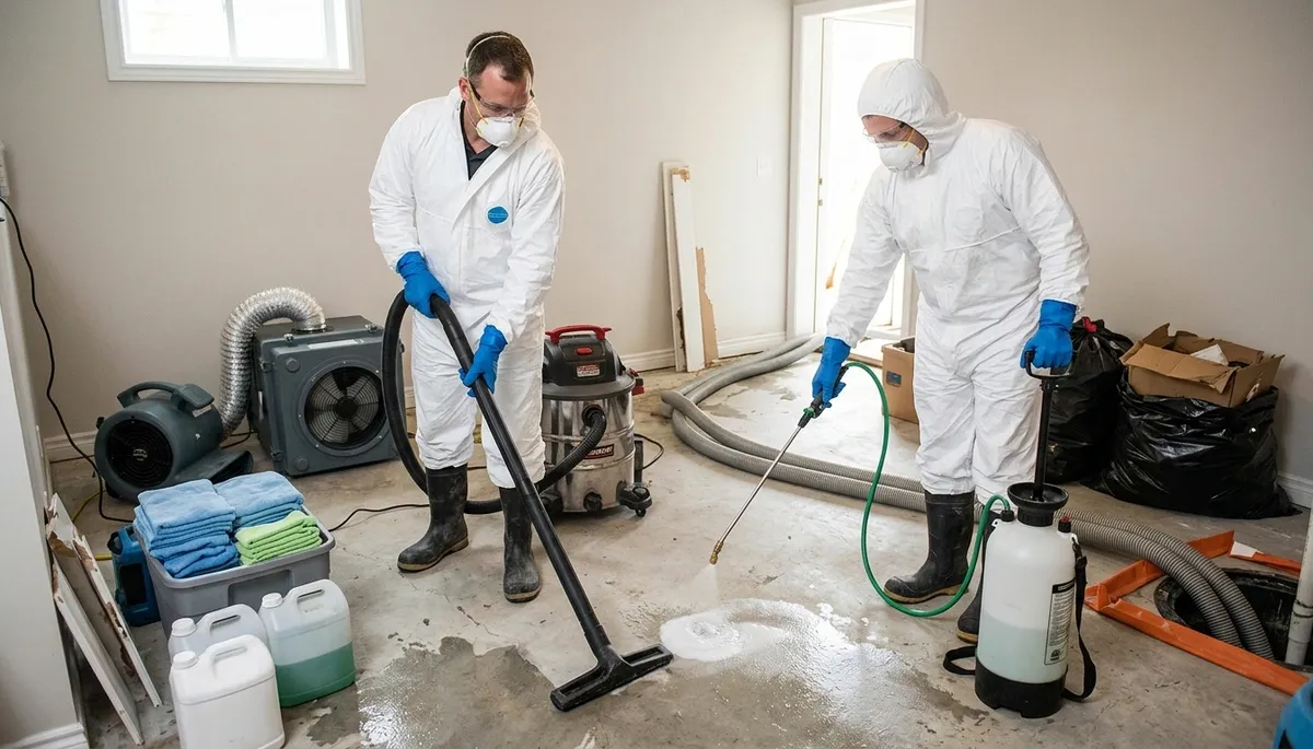 Sewer backup cleanup crew in Tyler, TX removing sewage water from a home with restoration equipment