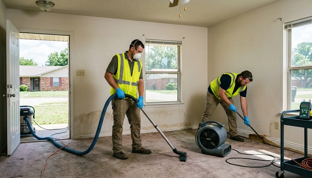 Tyler, TX water damage restoration team inspecting and drying a home after flooding