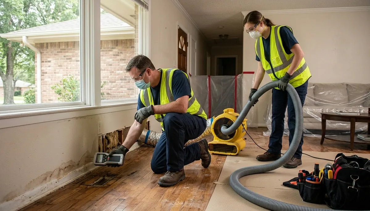 Tyler TX water damage restoration team inspecting flood damage in a home