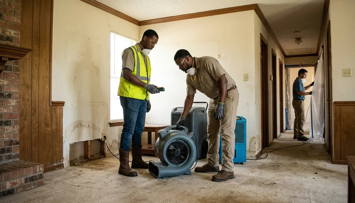Tyler, TX water damage restoration team inspecting flood damage in a home