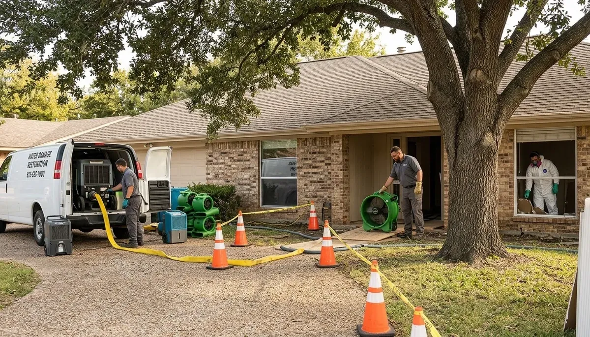 Water damage restoration team in Tyler, TX inspecting a flooded home for cleanup and repairs