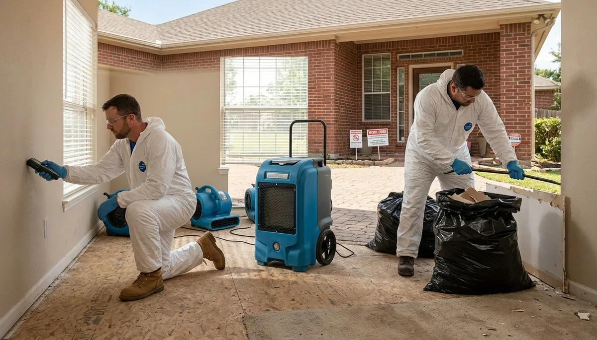 Water damage restoration team in Tyler, TX, inspecting flood damage for a local business