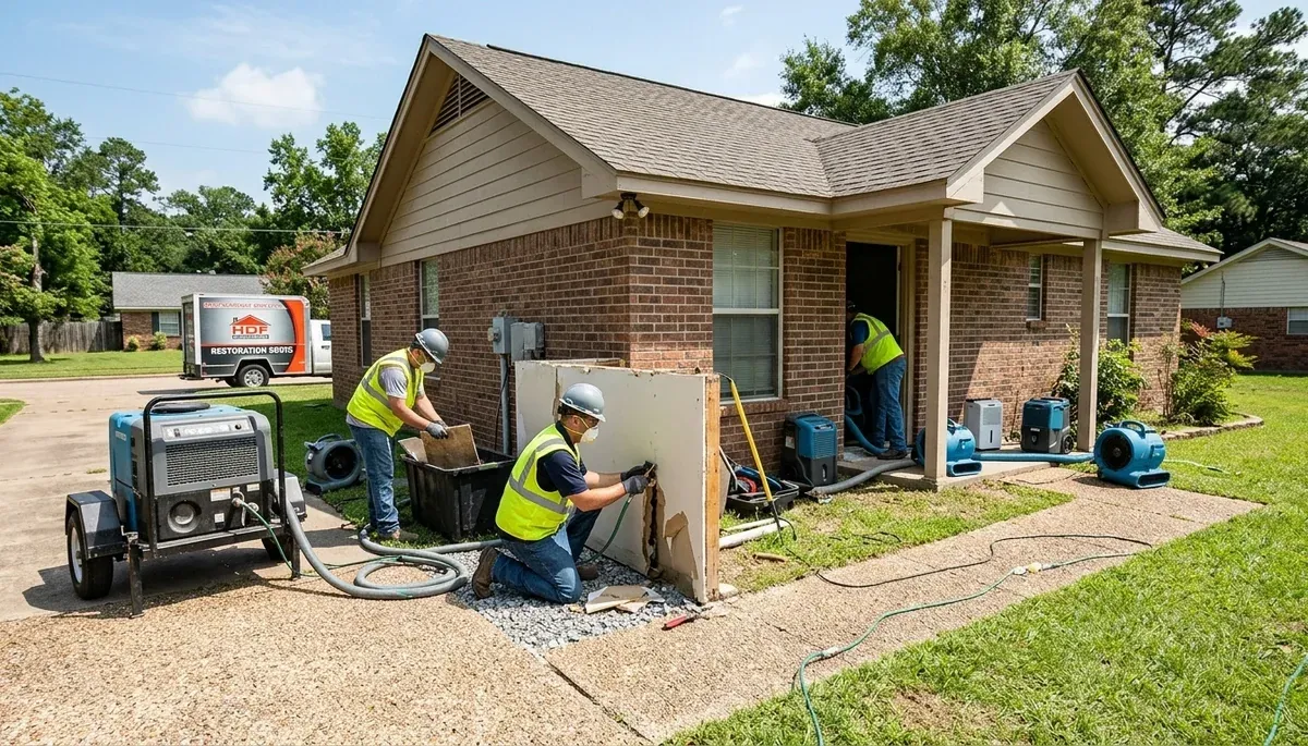 Tyler, TX water damage restoration team inspecting flood cleanup at a local home
