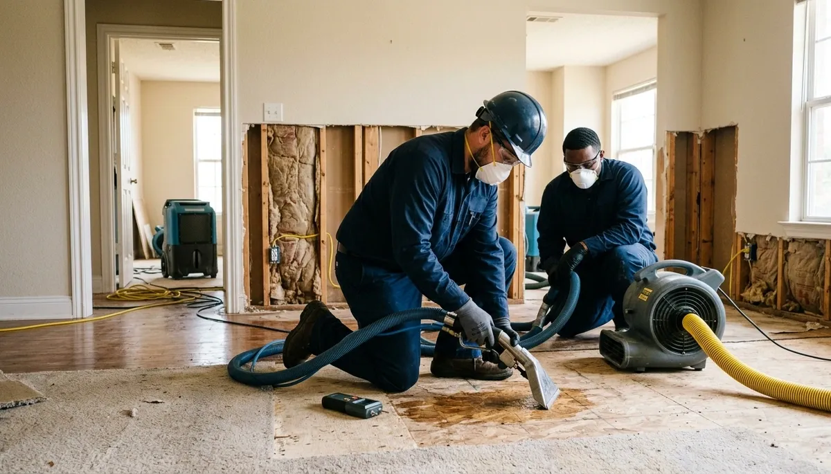 Water damage restoration team in Tyler, TX inspecting a flooded property for cleanup and repair