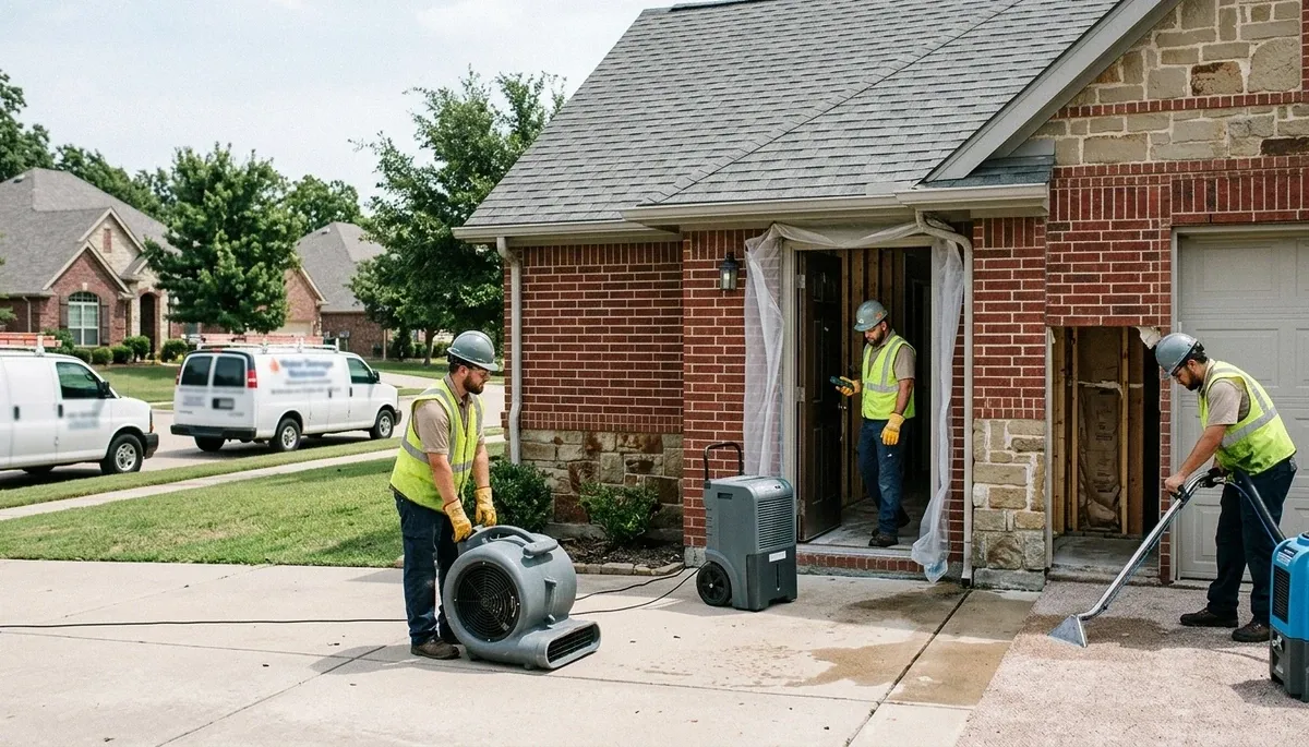 Water damage restoration team in Tyler, TX inspecting storm-damaged property for cleanup and repairs