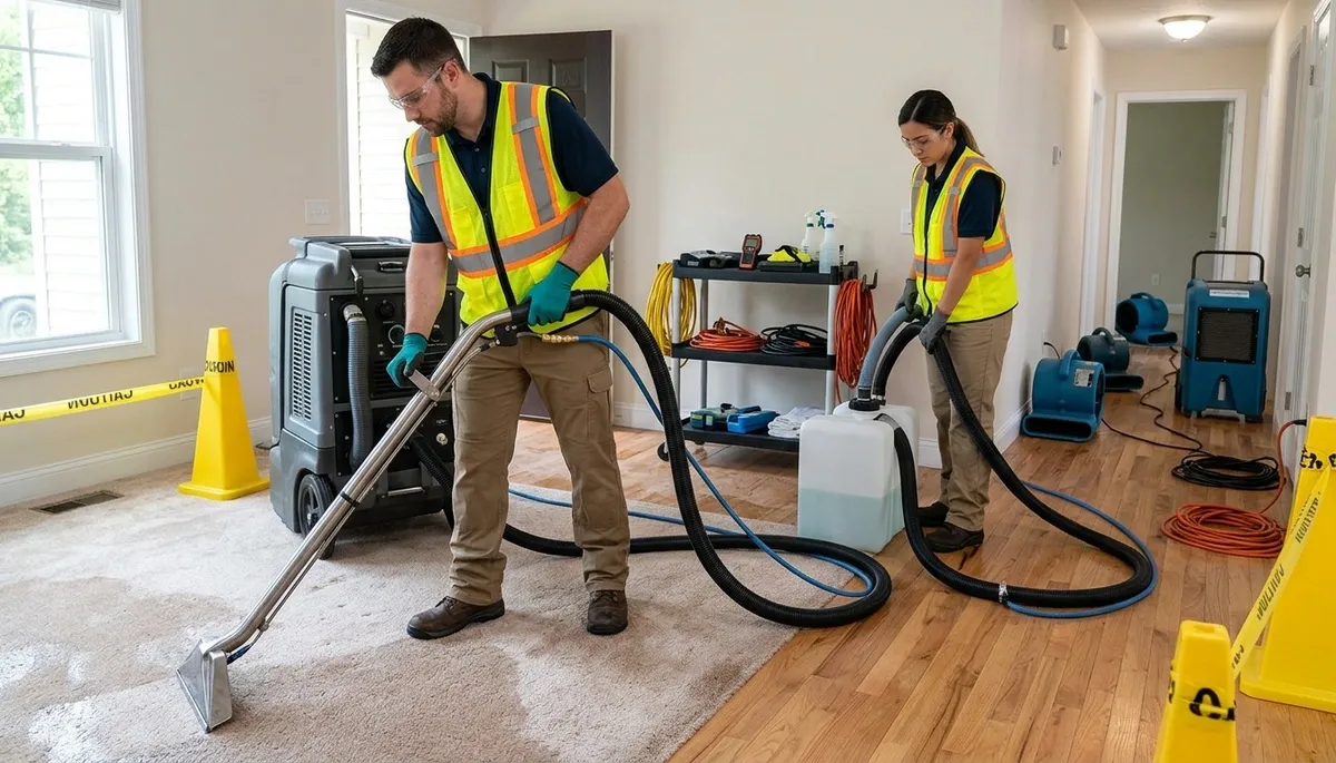 Water extraction crew removing standing water from a Tyler, TX home after flooding